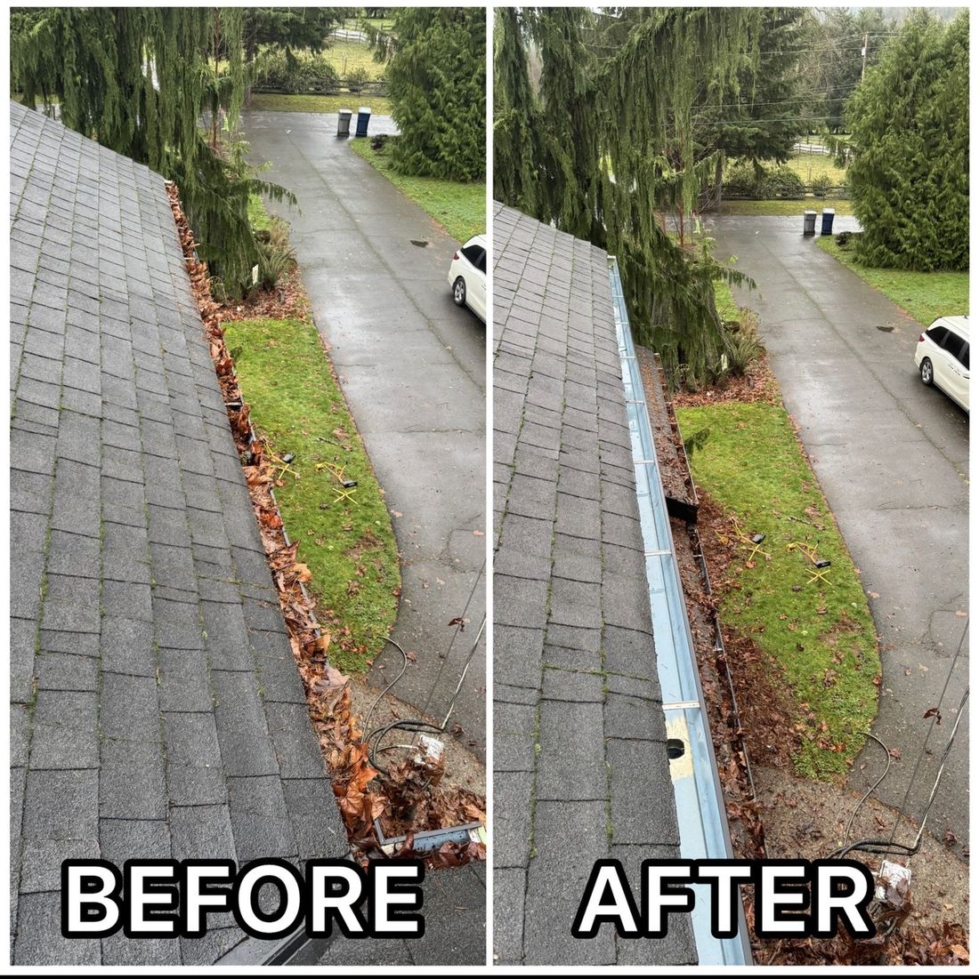 Gutter cleaning before and after in Snohomish County, WA - a gutter clogged with leaves and debris cleared out and flushed clean by HydroTide